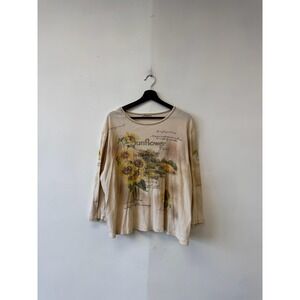 VTG Studio Gem Q Shirt Womens XXL Beige Sunflower Graphic Floral Long Sleeve